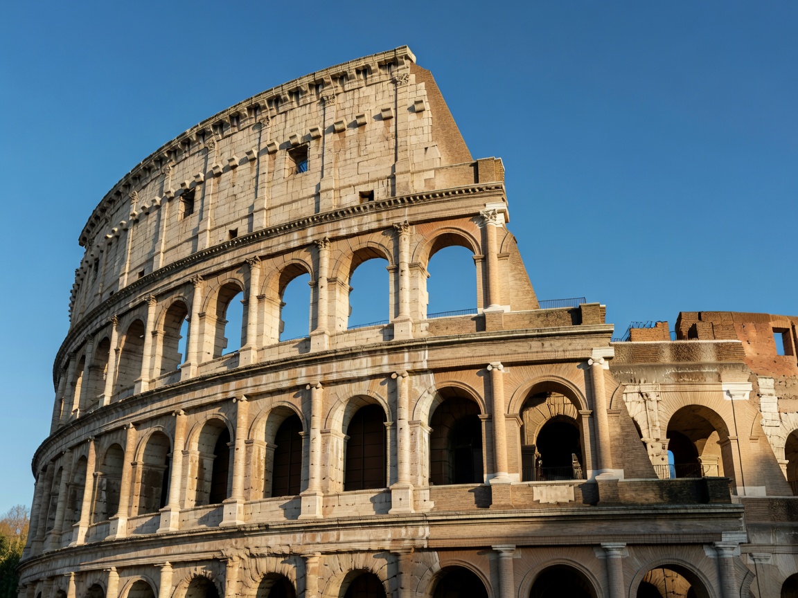 Classic columns and historical facade of the Colosseum in Rome Italy