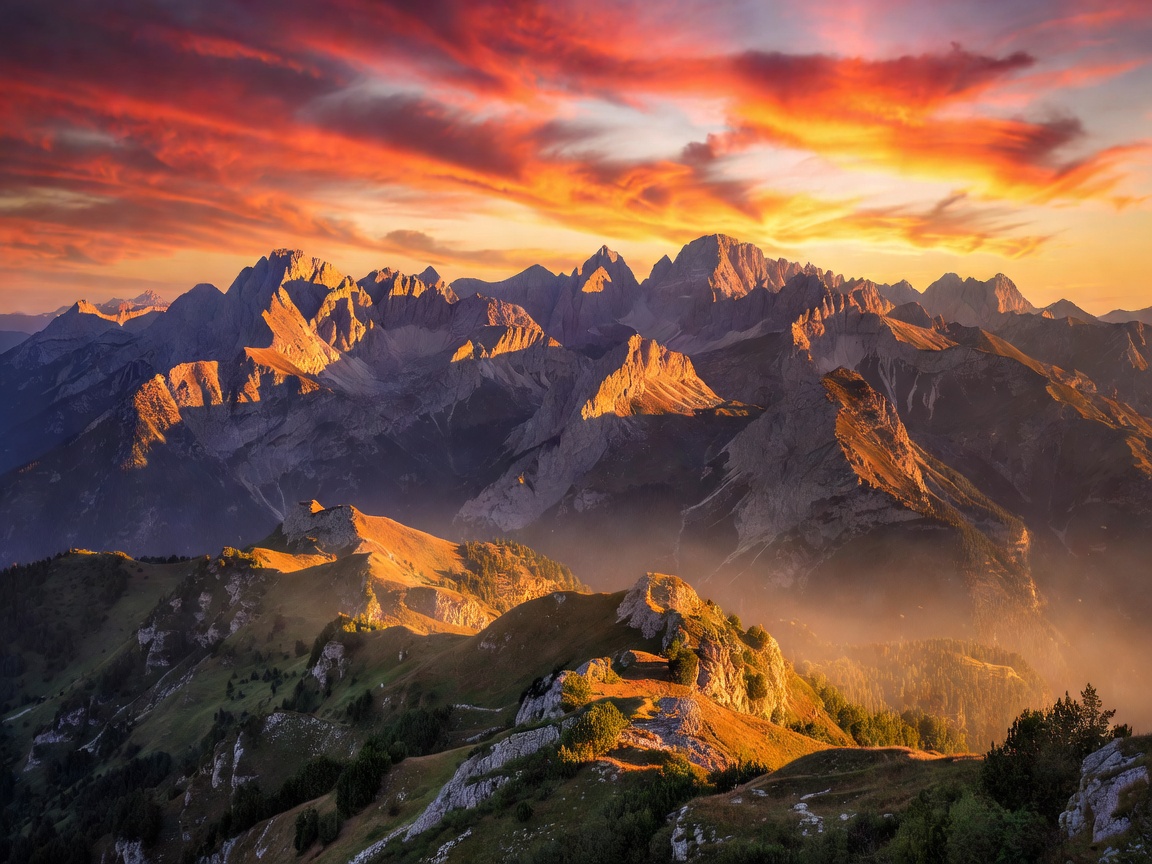 Dramatic mountain landscape sunset lighting in Italy