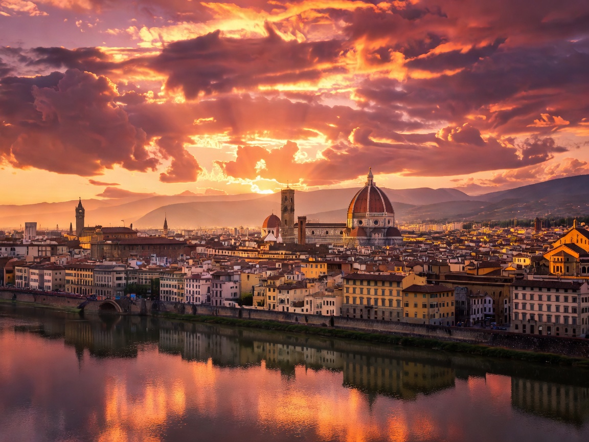 Florence Italy skyline and Duomo cathedral illuminated by dramatic sunset over Arno river