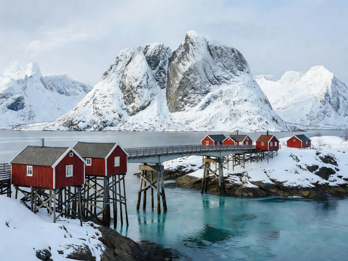 Hamnoy bridge viewpoint with red wooden cabins on stilts and snowy mountains in Lofoten