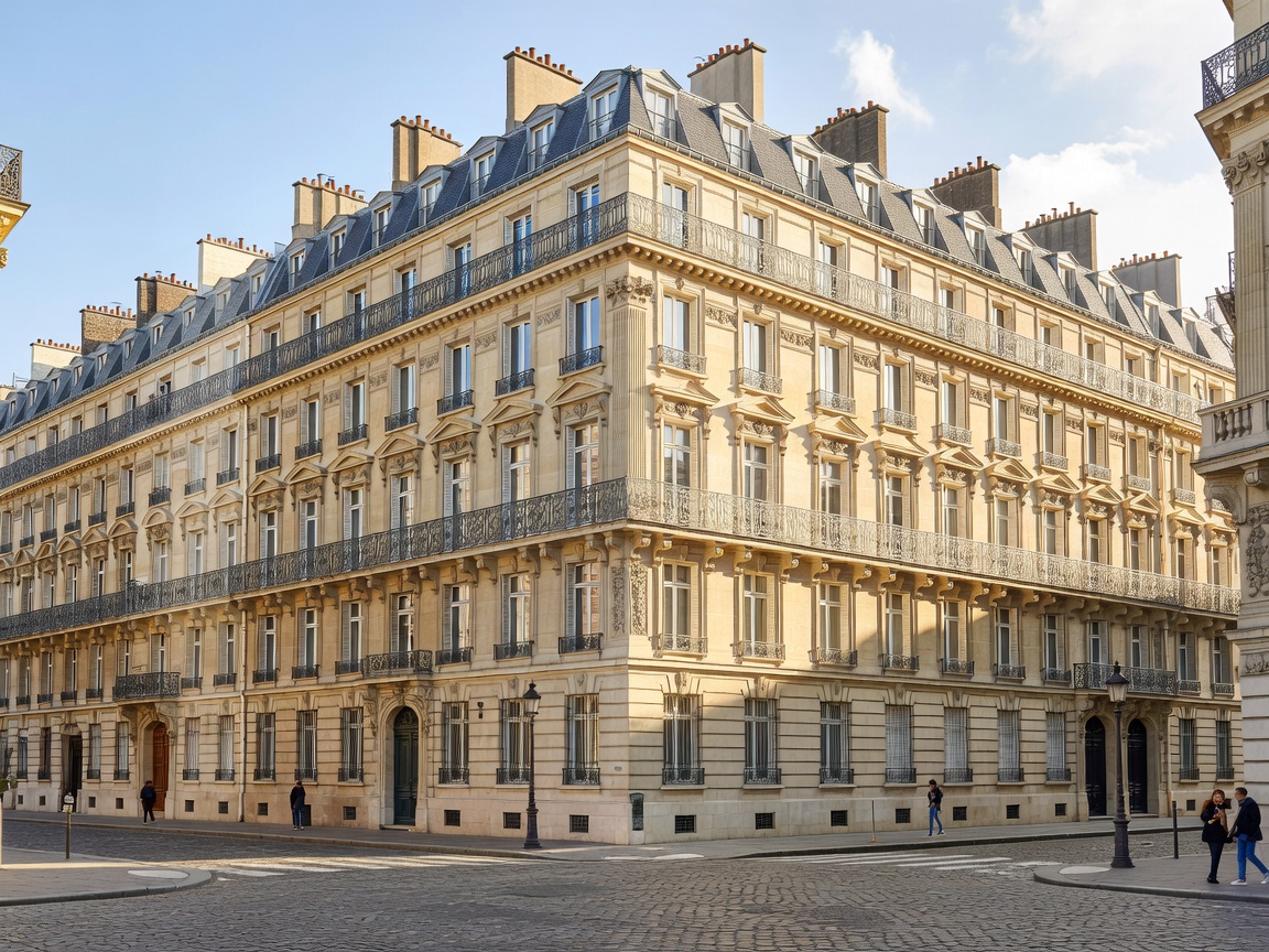 Haussmannian historic buildings and wrought iron balconies along Paris street
