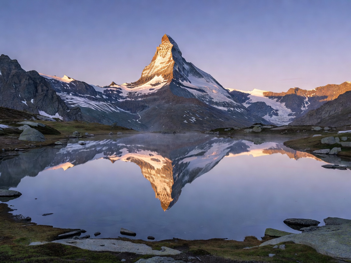 Scenic alpine peak reflection in mirror still mountain lake