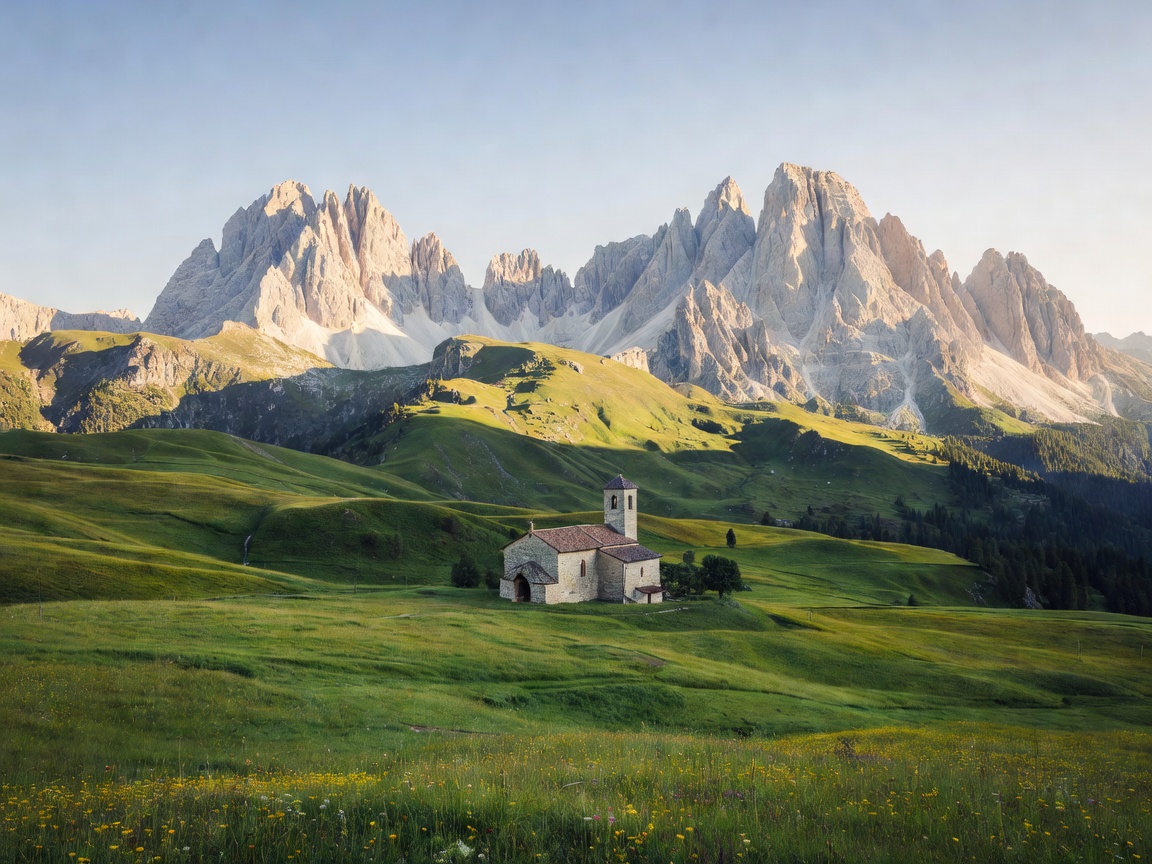 Panoramic view of the Dolomites mountain peaks in Italy with green alpine meadow and church