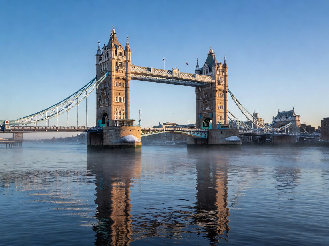 Tower Bridge in London England glowing in cold sunrise light over River Thames