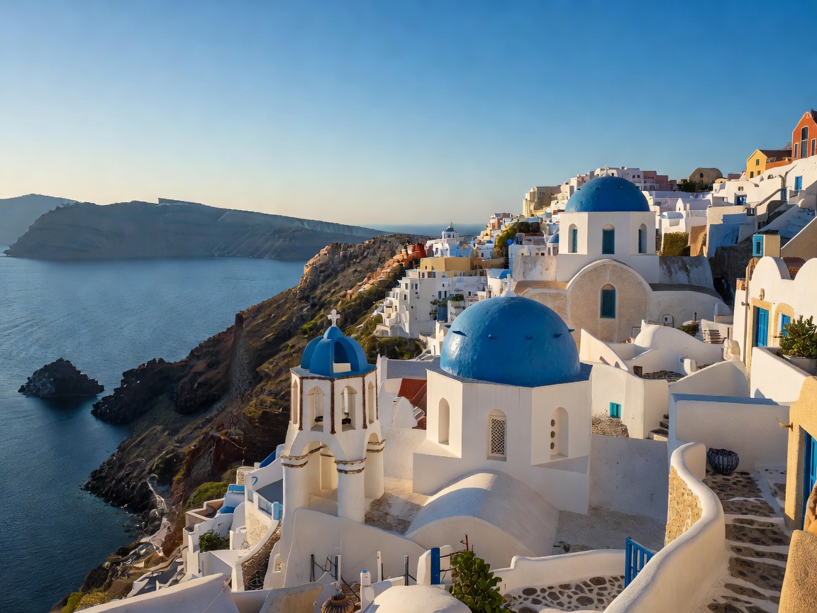 White cave houses and cobalt blue domes of Oia village in Santorini Greece
